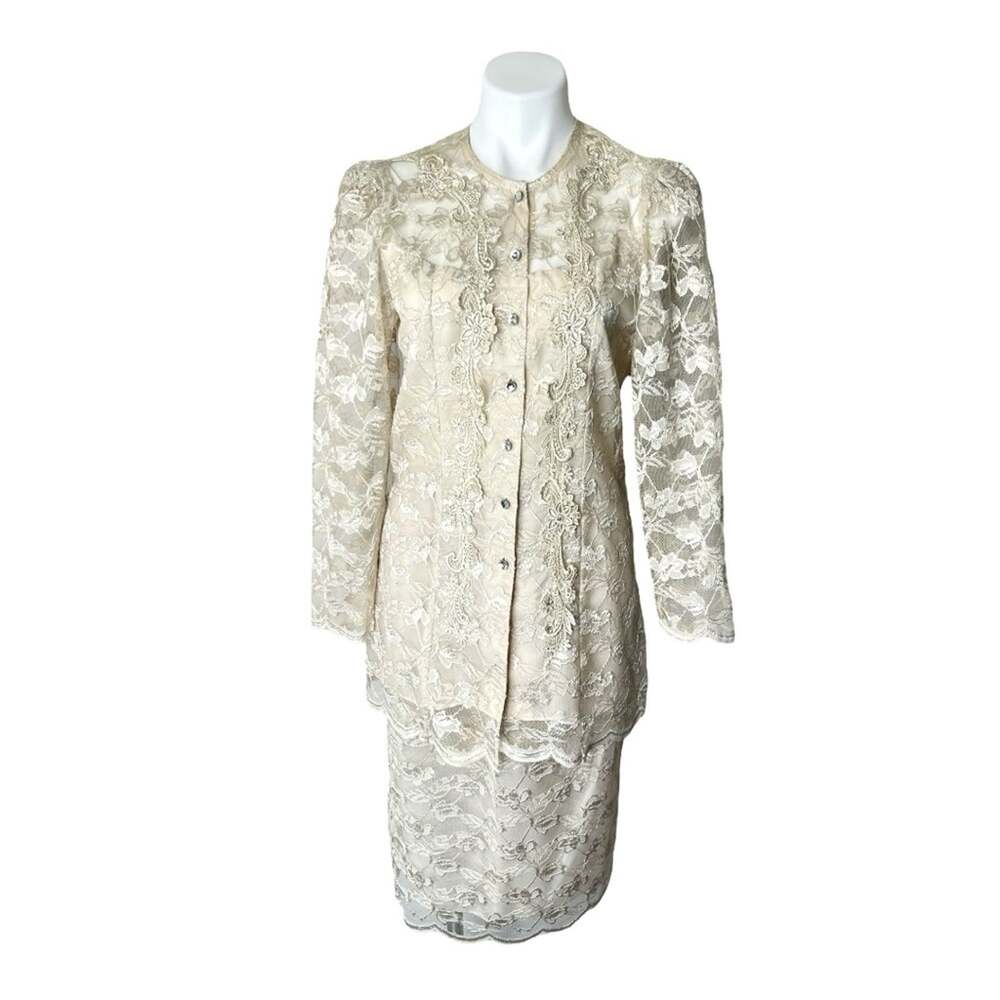 Vintage 80s Gilberti Lace Skirt Set Cream Edwardian Rhinestone Pearl M USA